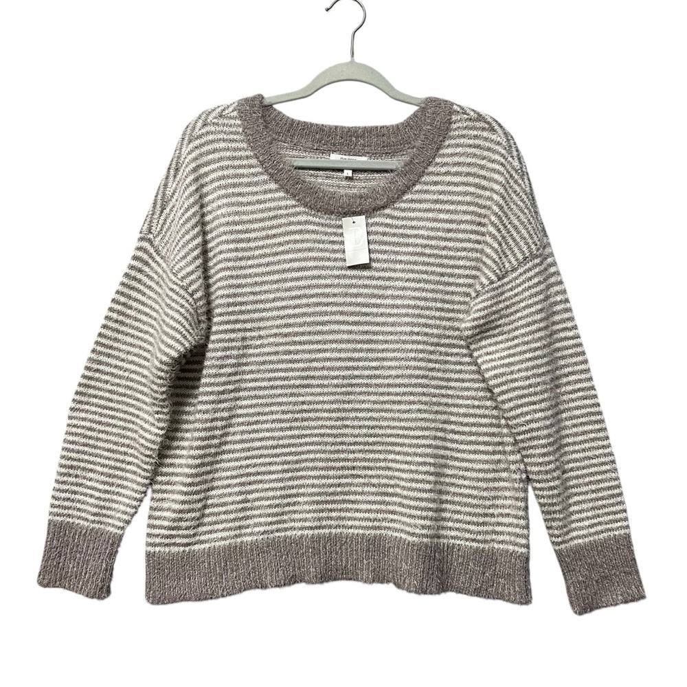 Maurices Striped Fuzzy Pullover Sweater NWT Size Large Taupe Cream Scoop Neck